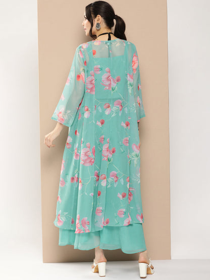 Women's Blue Floral Print Cape & Inner Plain Short Spaghetti With Flared Palazzos