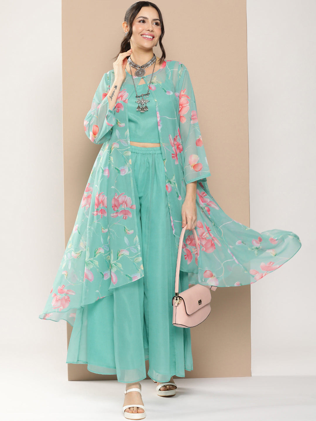 Women's Blue Floral Print Cape & Inner Plain Short Spaghetti With Flared Palazzos