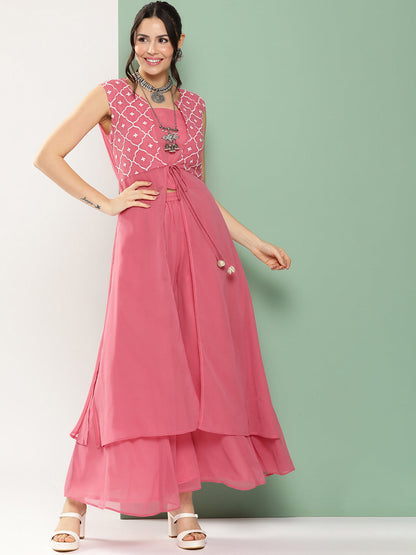 Women's Peach Embroidered Cape & Inner Plain Short Spaghetti With Flared Palazzos