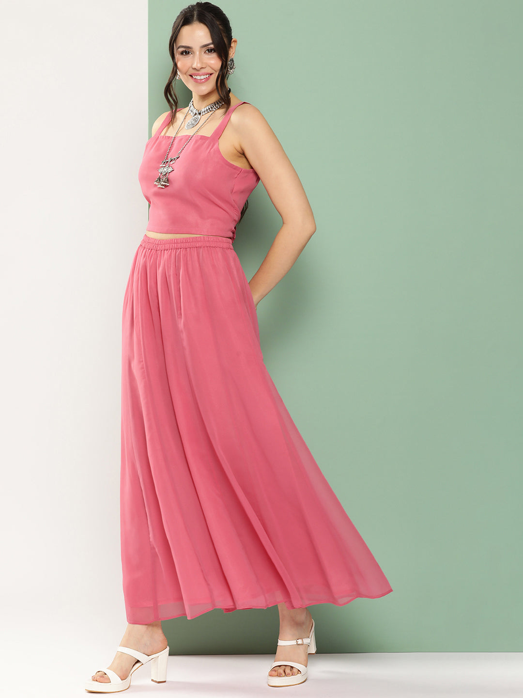 Women's Peach Embroidered Cape & Inner Plain Short Spaghetti With Flared Palazzos