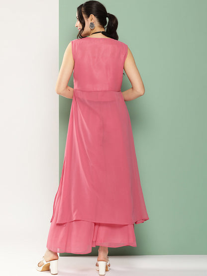 Women's Peach Embroidered Cape & Inner Plain Short Spaghetti With Flared Palazzos