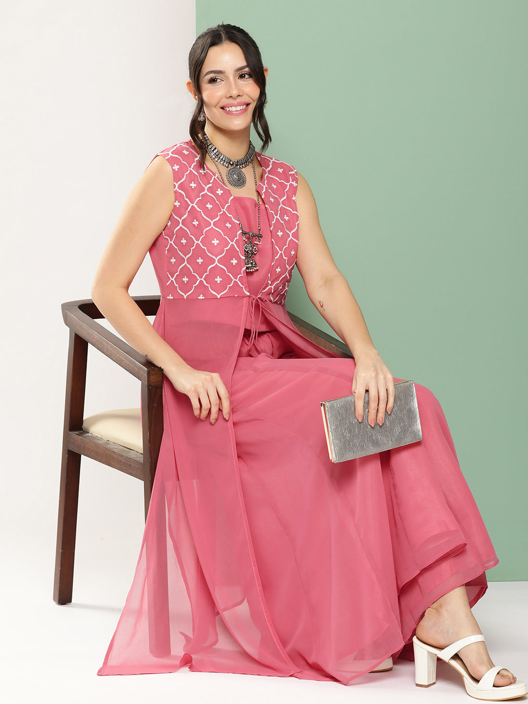 Women's Peach Embroidered Cape & Inner Plain Short Spaghetti With Flared Palazzos
