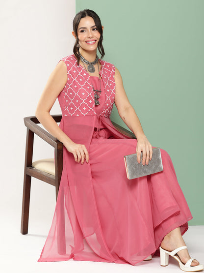 Women's Peach Embroidered Cape & Inner Plain Short Spaghetti With Flared Palazzos