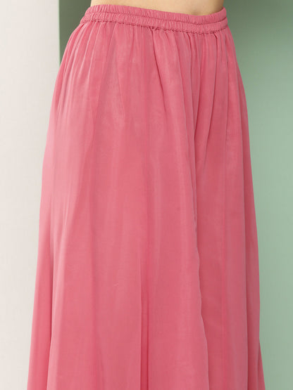 Women's Peach Embroidered Cape & Inner Plain Short Spaghetti With Flared Palazzos