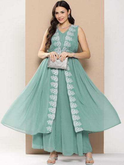 Women's Green Embroidered Mid Open Kurta With Palazzos