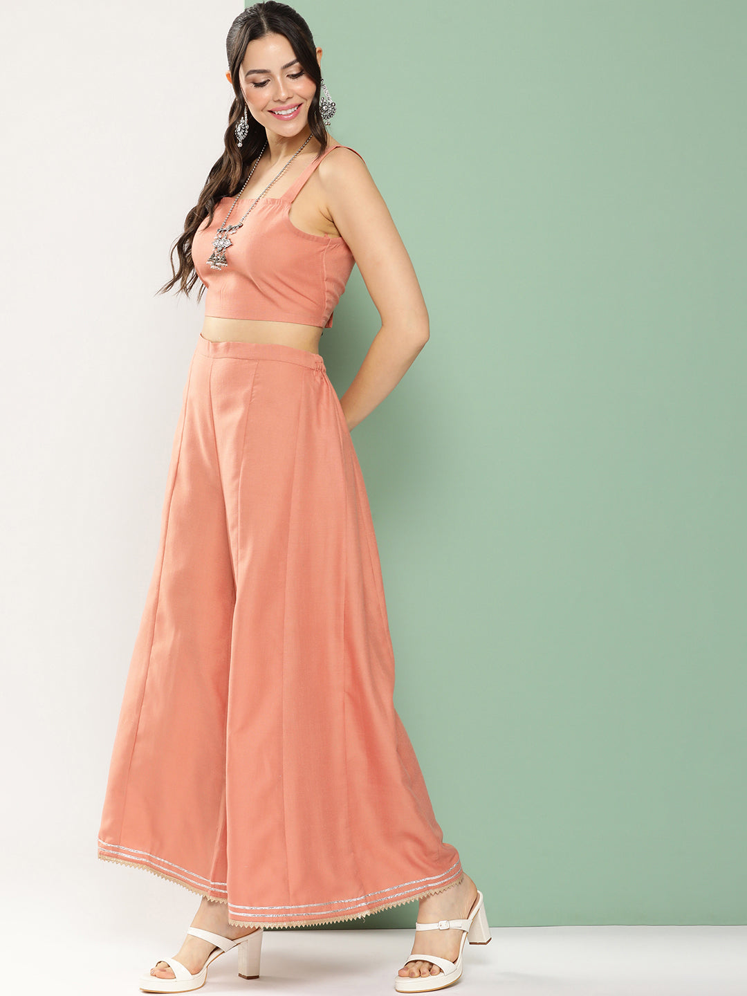 Women's Peach Floral Print Shrug & Inner Plain Short Spaghetti, With Flared Palazzos