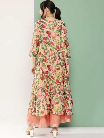 Women's Peach Floral Print Shrug & Inner Plain Short Spaghetti, With Flared Palazzos