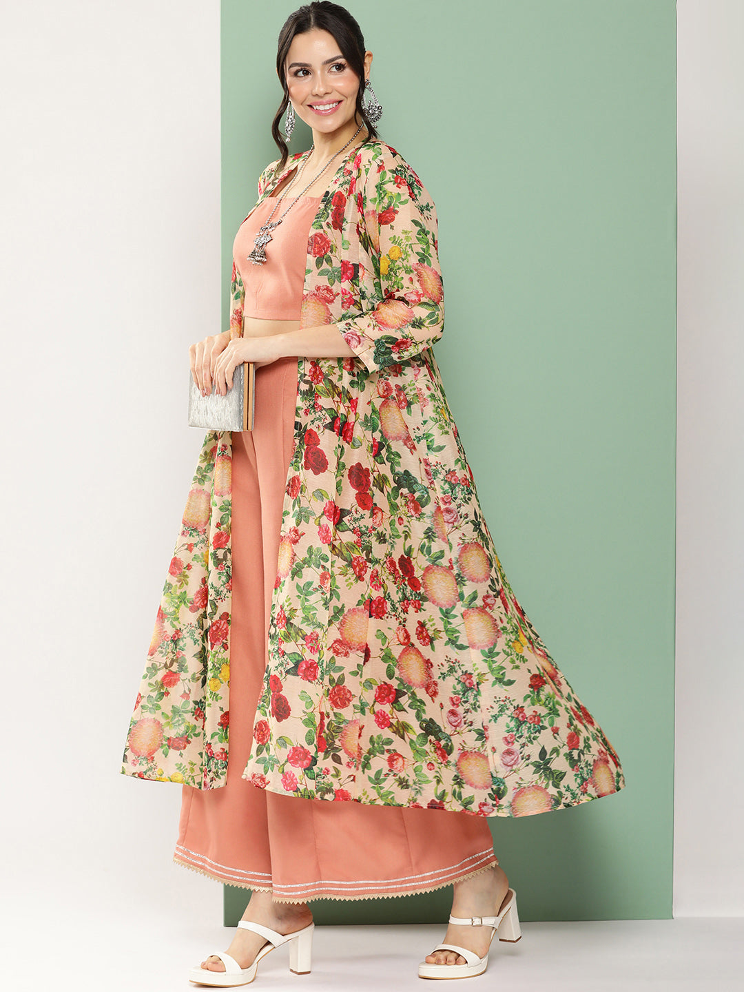 Women's Peach Floral Print Shrug & Inner Plain Short Spaghetti, With Flared Palazzos