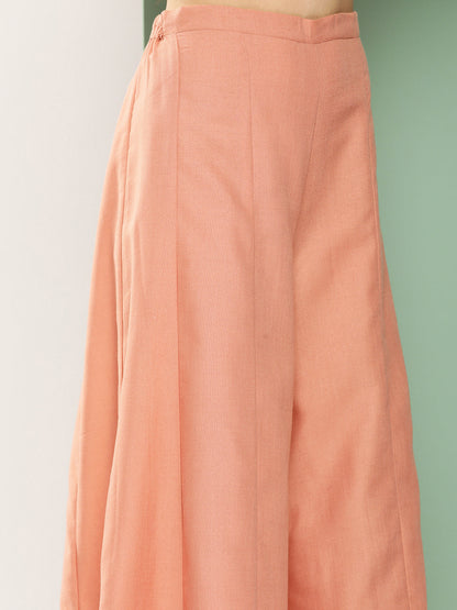 Women's Peach Floral Print Shrug & Inner Plain Short Spaghetti, With Flared Palazzos