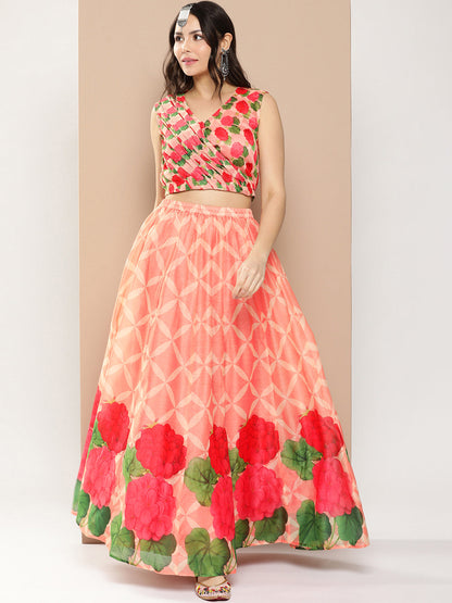 Women's Peach Chanderi Floral Printed Top With Skirt