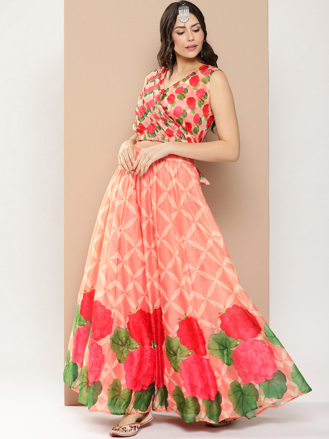 Women's Peach Chanderi Floral Printed Top With Skirt