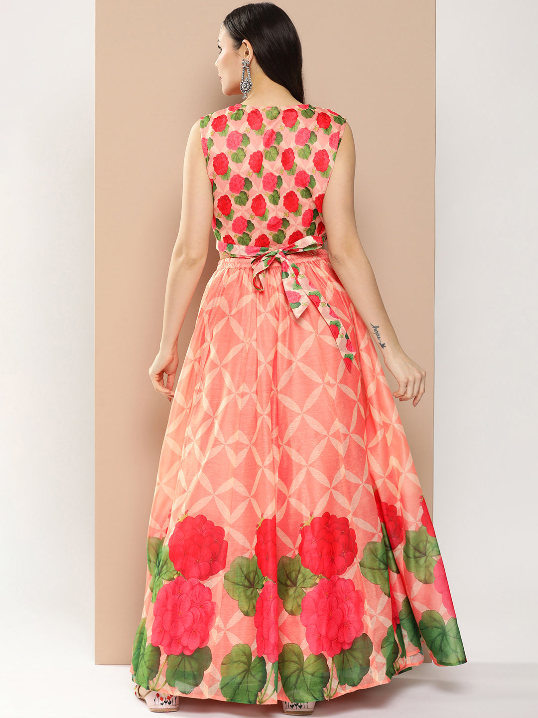 Women's Peach Chanderi Floral Printed Top With Skirt