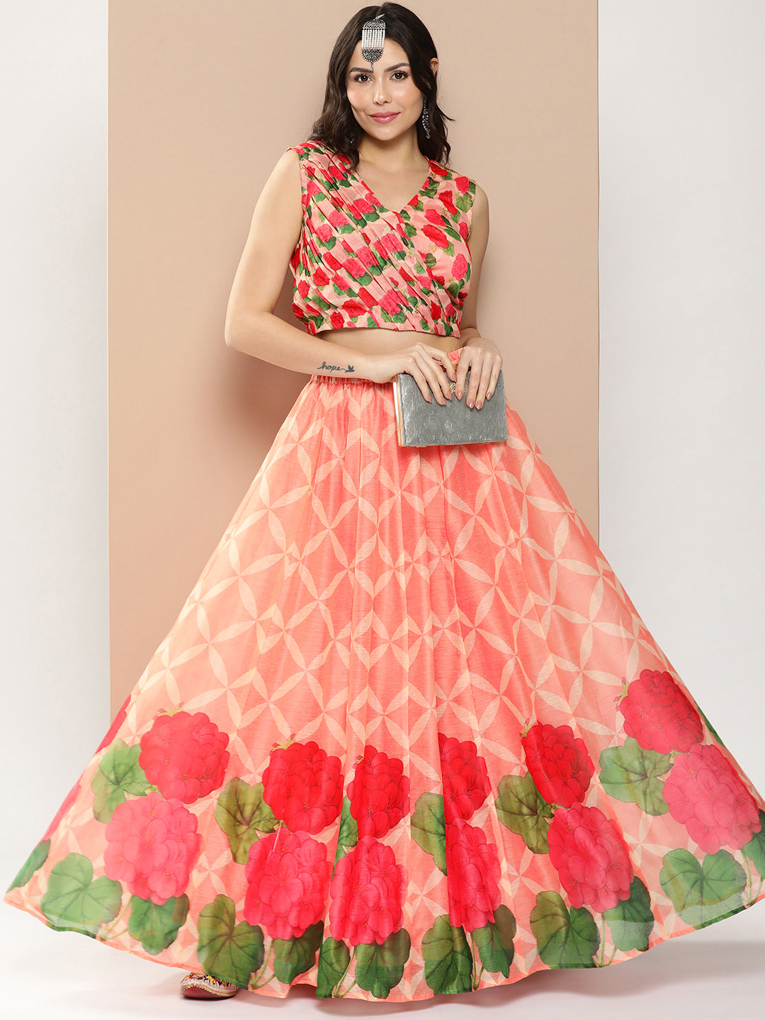 Women's Peach Chanderi Floral Printed Top With Skirt