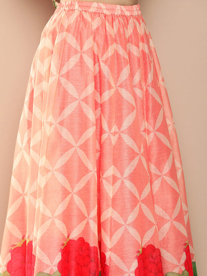 Women's Peach Chanderi Floral Printed Top With Skirt