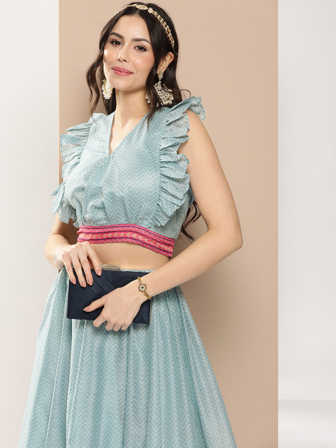 Women's Blue Chanderi Zig Zag Print Top With Floral Skirt