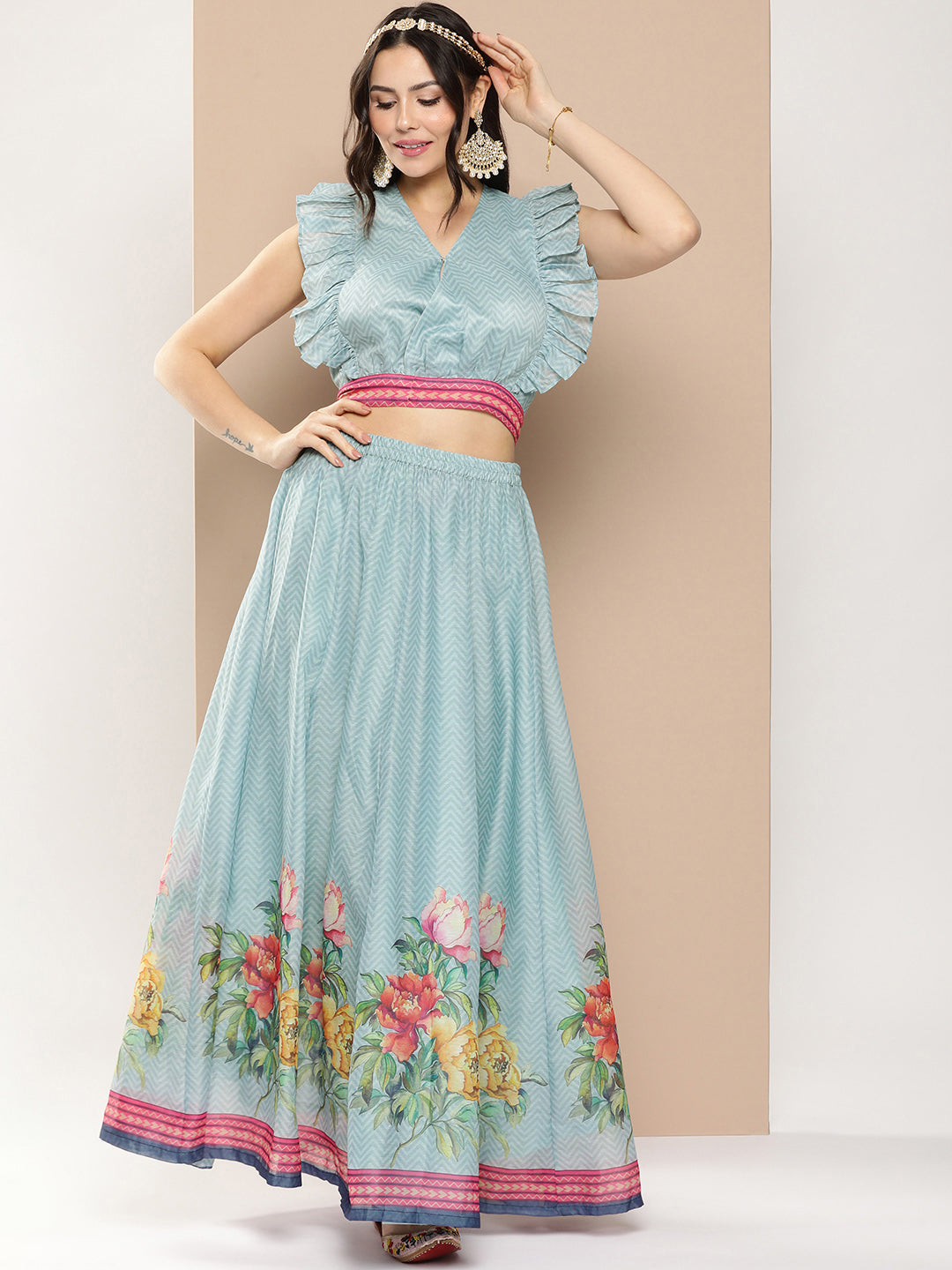 Women's Blue Chanderi Zig Zag Print Top With Floral Skirt