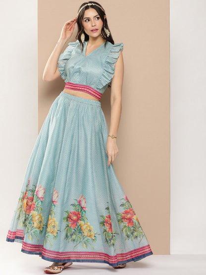 Women's Blue Chanderi Zig Zag Print Top With Floral Skirt