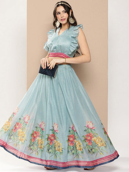 Women's Blue Chanderi Zig Zag Print Top With Floral Skirt