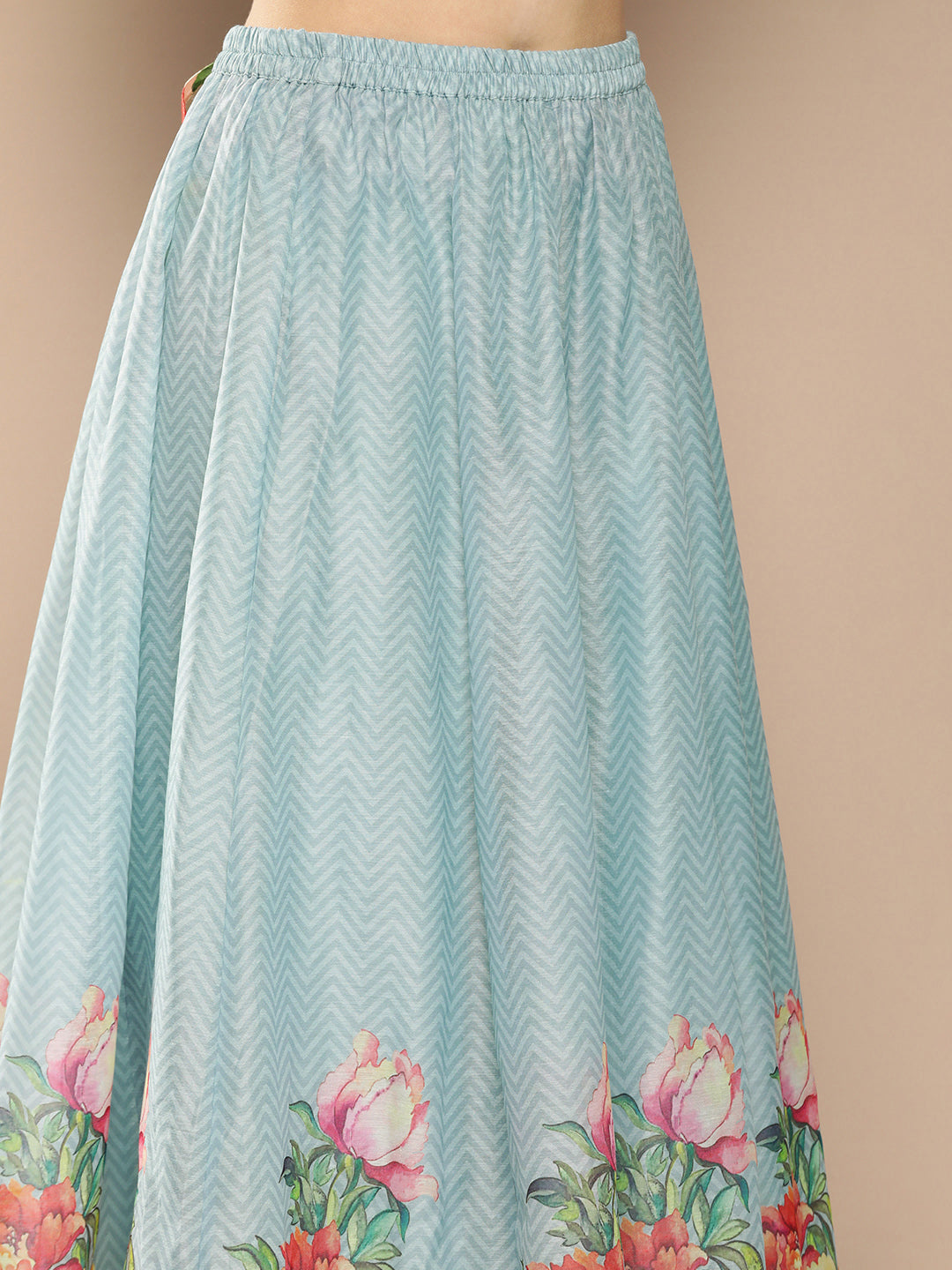 Women's Blue Chanderi Zig Zag Print Top With Floral Skirt