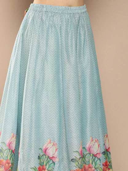 Women's Blue Chanderi Zig Zag Print Top With Floral Skirt