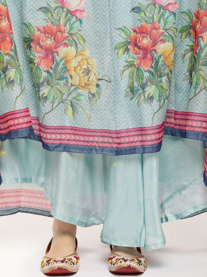 Women's Blue Chanderi Zig Zag Print Top With Floral Skirt