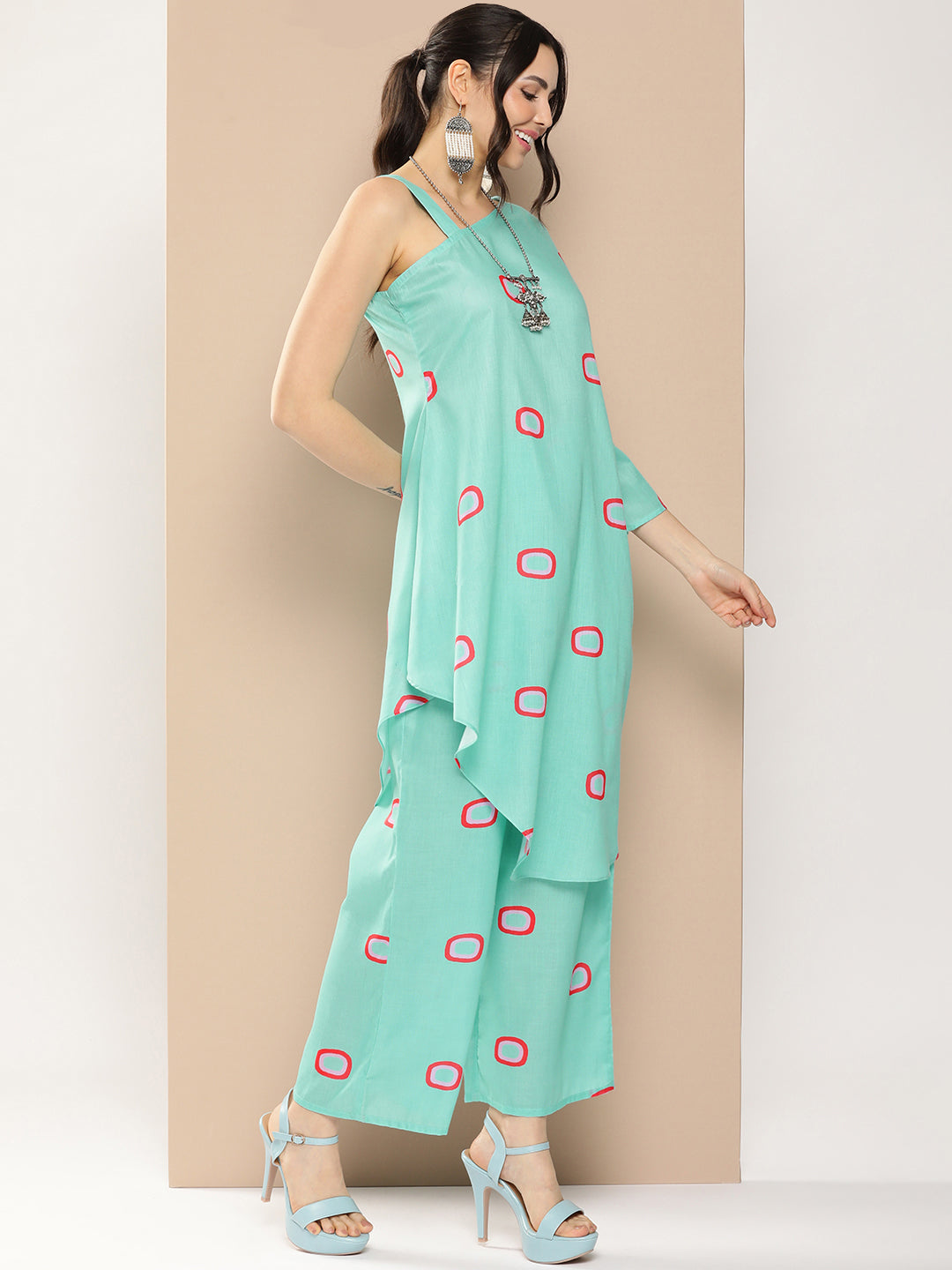 Women's Blue Geometrical Print One Shoulder Kurta With Palazzos