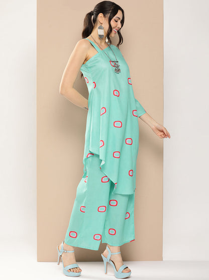 Women's Blue Geometrical Print One Shoulder Kurta With Palazzos