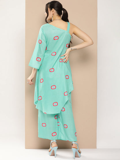 Women's Blue Geometrical Print One Shoulder Kurta With Palazzos
