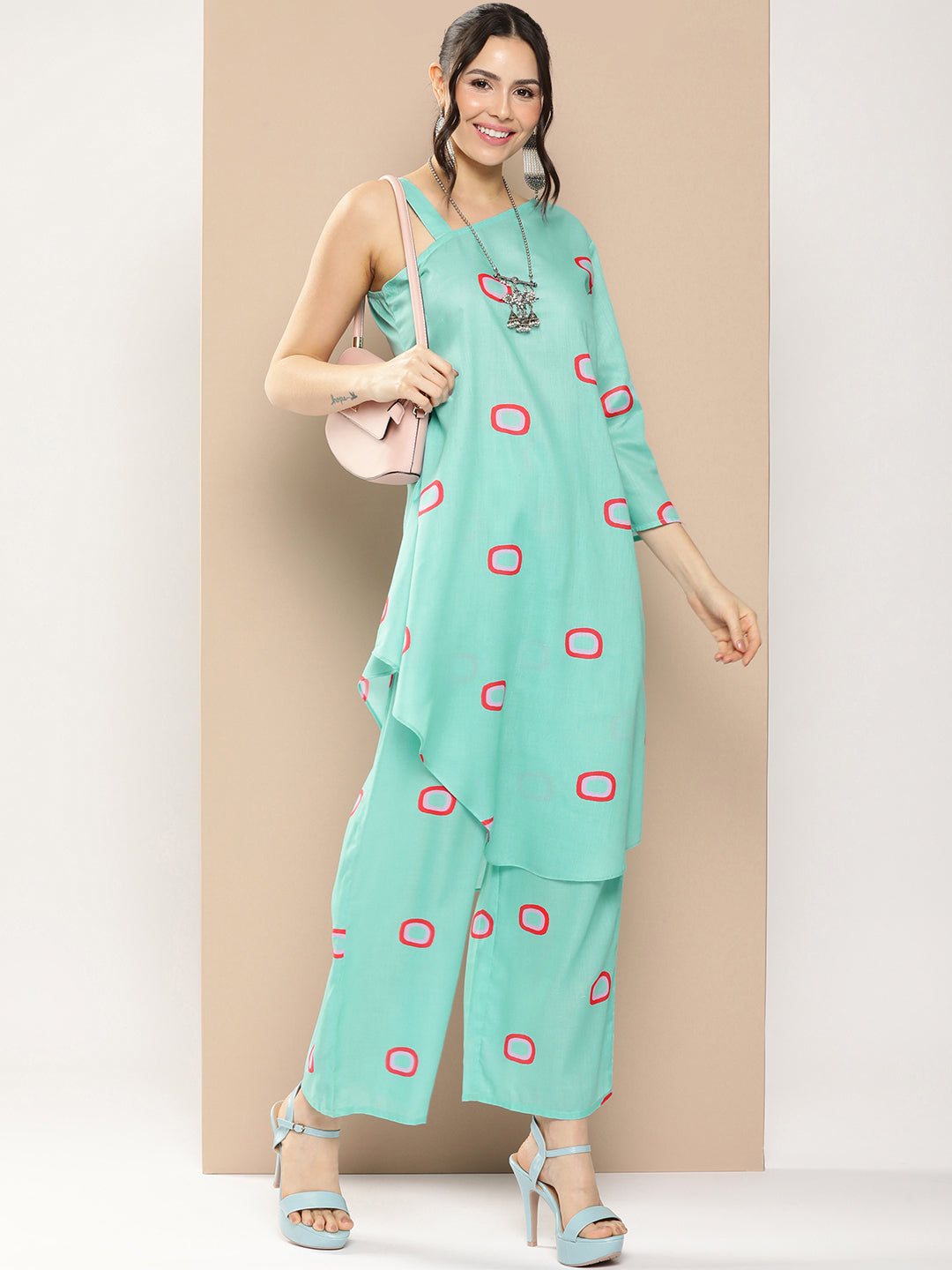 Women's Blue Geometrical Print One Shoulder Kurta With Palazzos