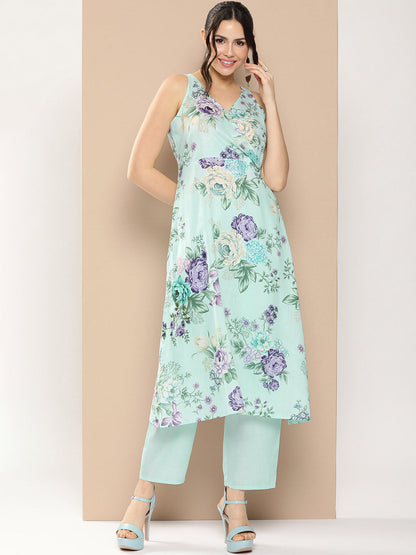 Women's Blue Floral Printed Kurta With Pants