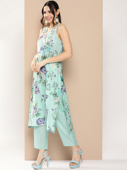 Women's Blue Floral Printed Kurta With Pants