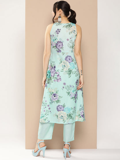 Women's Blue Floral Printed Kurta With Pants