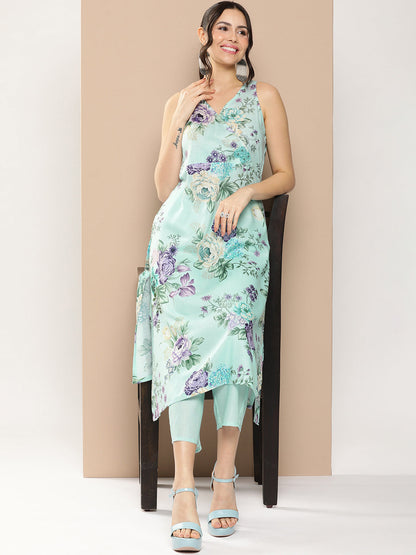 Women's Blue Floral Printed Kurta With Pants