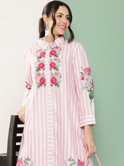 Women's Pink & White Strip Floral Print Kurta With Palazzos