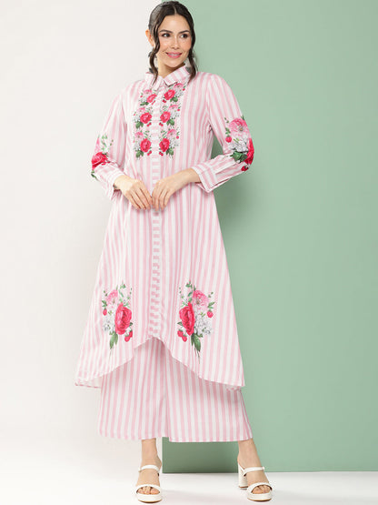 Women's Pink & White Strip Floral Print Kurta With Palazzos