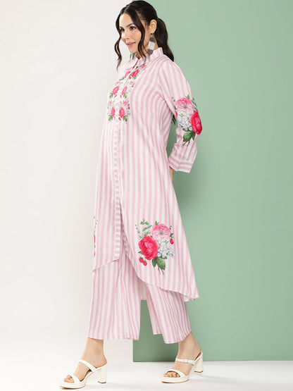 Women's Pink & White Strip Floral Print Kurta With Palazzos