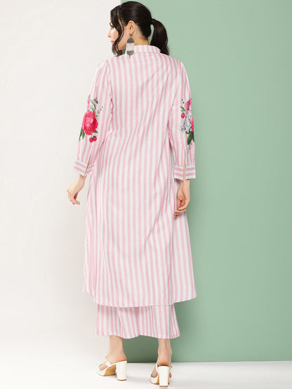 Women's Pink & White Strip Floral Print Kurta With Palazzos
