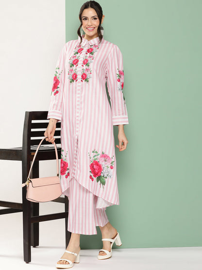 Women's Pink & White Strip Floral Print Kurta With Palazzos