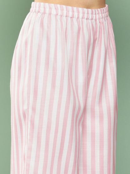 Women's Pink & White Strip Floral Print Kurta With Palazzos