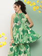 Women's Green Leaf Print Short Kurta With Sharara