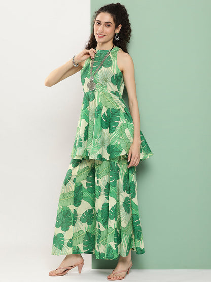 Women's Green Leaf Print Short Kurta With Sharara