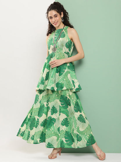 Women's Green Leaf Print Short Kurta With Sharara