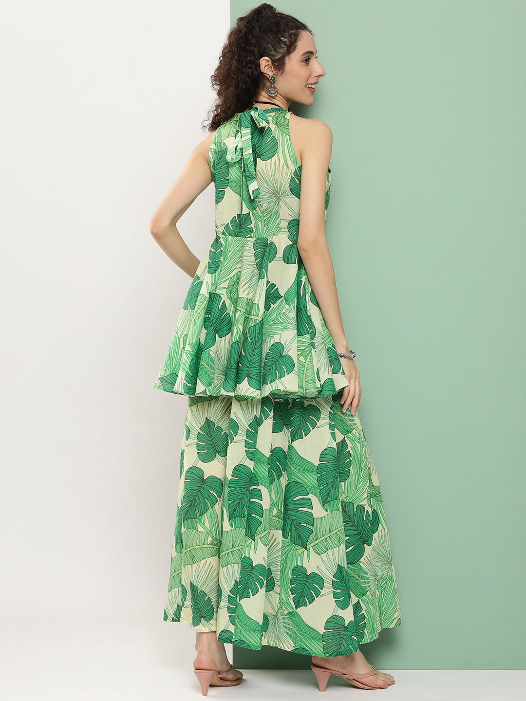 Women's Green Leaf Print Short Kurta With Sharara