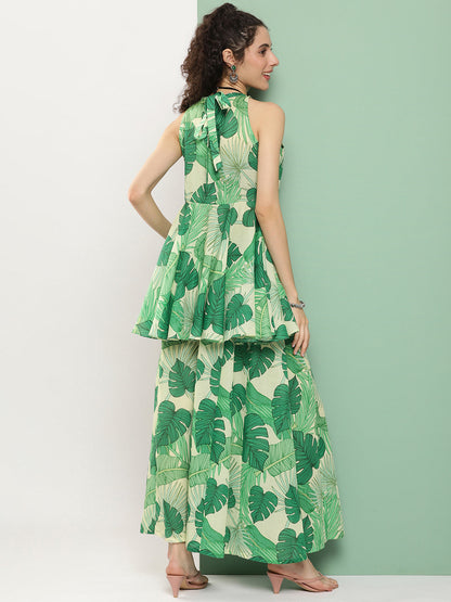 Women's Green Leaf Print Short Kurta With Sharara