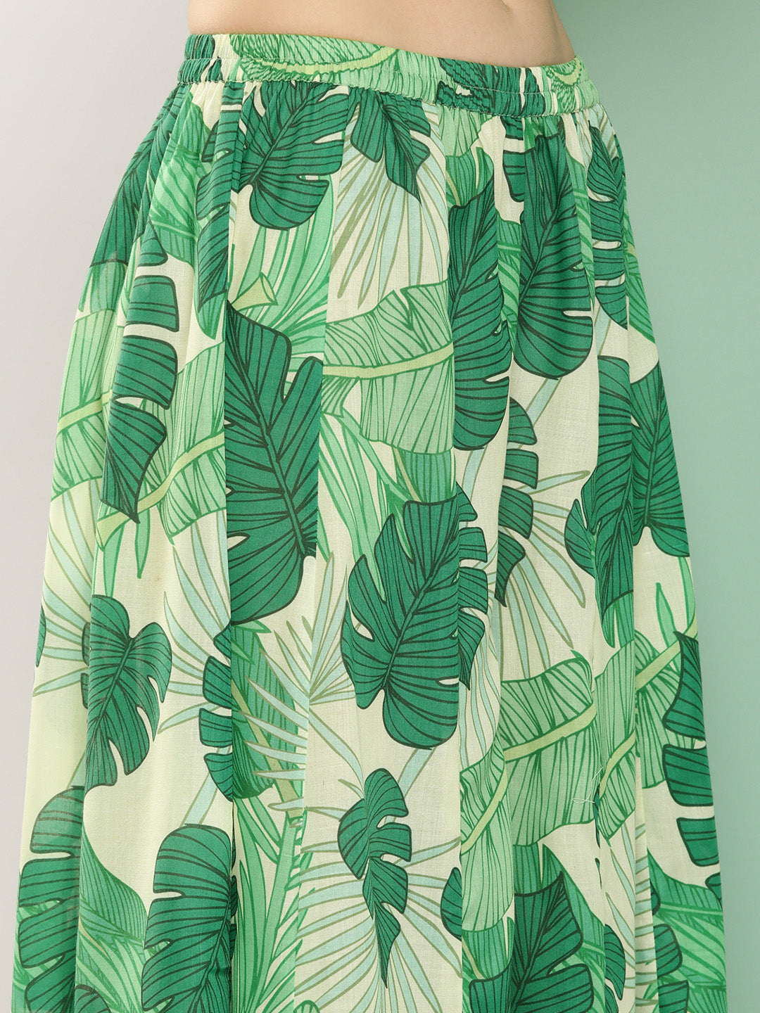 Women's Green Leaf Print Short Kurta With Sharara