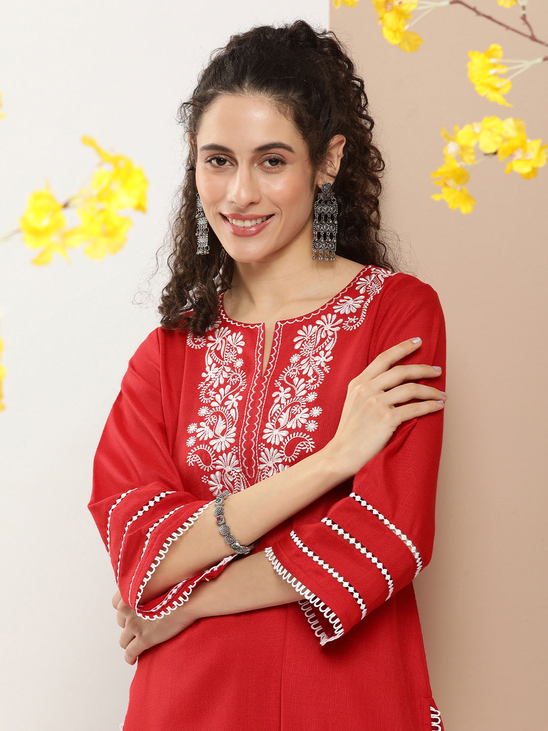 Women's Red Chikankari Neck Embroidered Kurta With Solid Palazzo