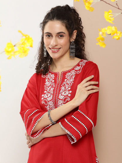 Women's Red Chikankari Neck Embroidered Kurta With Solid Palazzo
