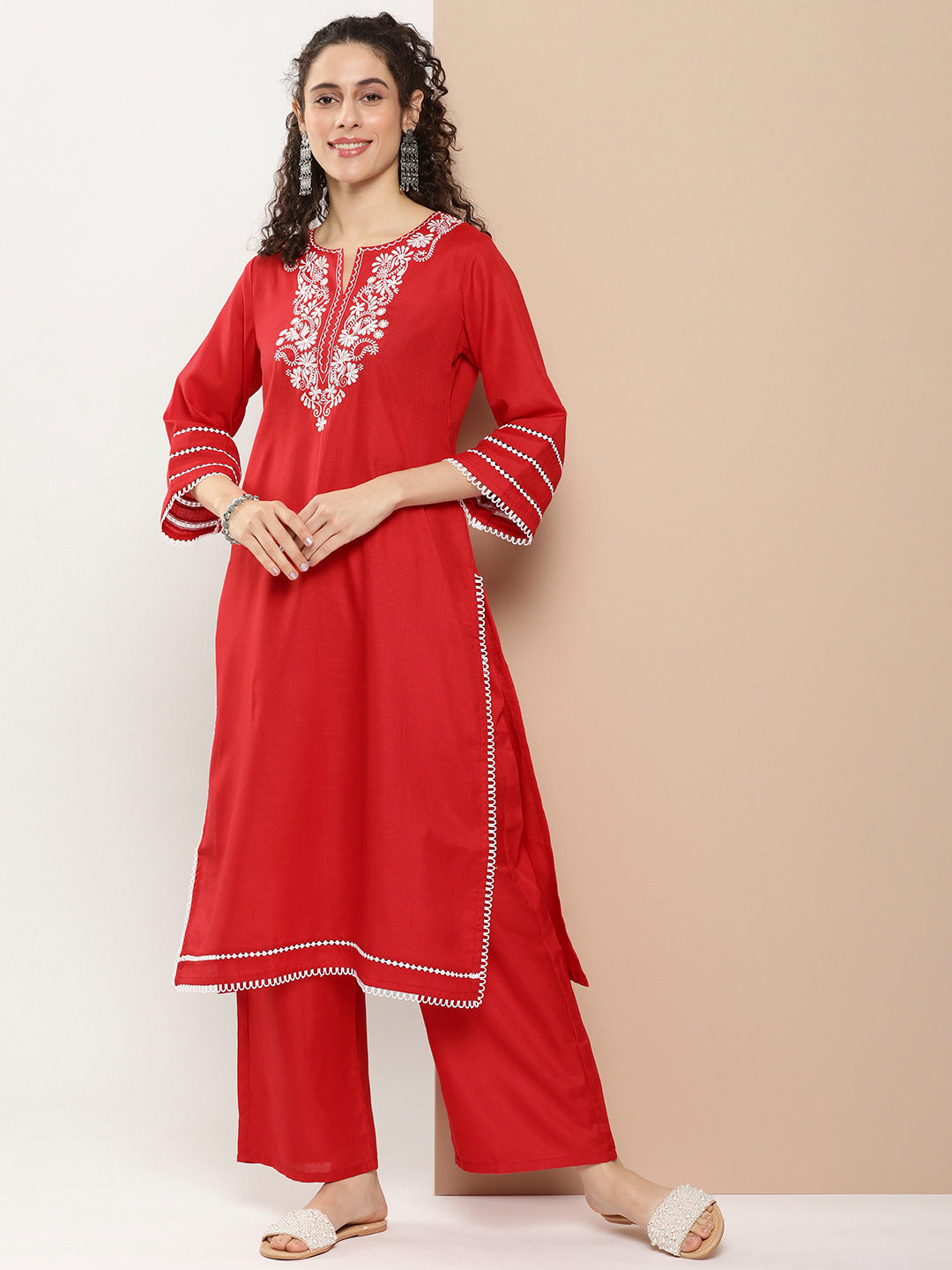 Women's Red Chikankari Neck Embroidered Kurta With Solid Palazzo