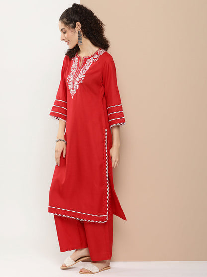 Women's Red Chikankari Neck Embroidered Kurta With Solid Palazzo