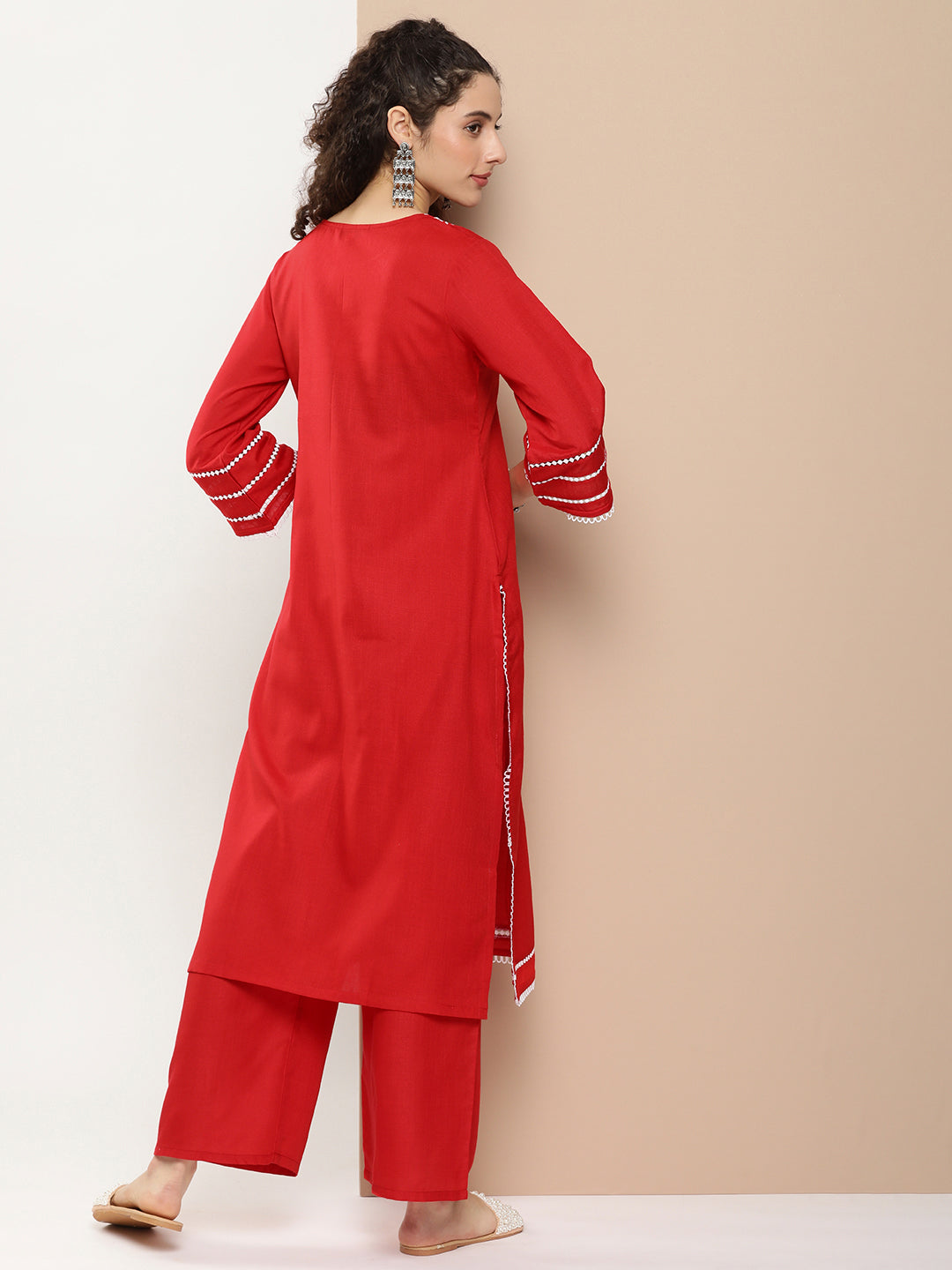 Women's Red Chikankari Neck Embroidered Kurta With Solid Palazzo
